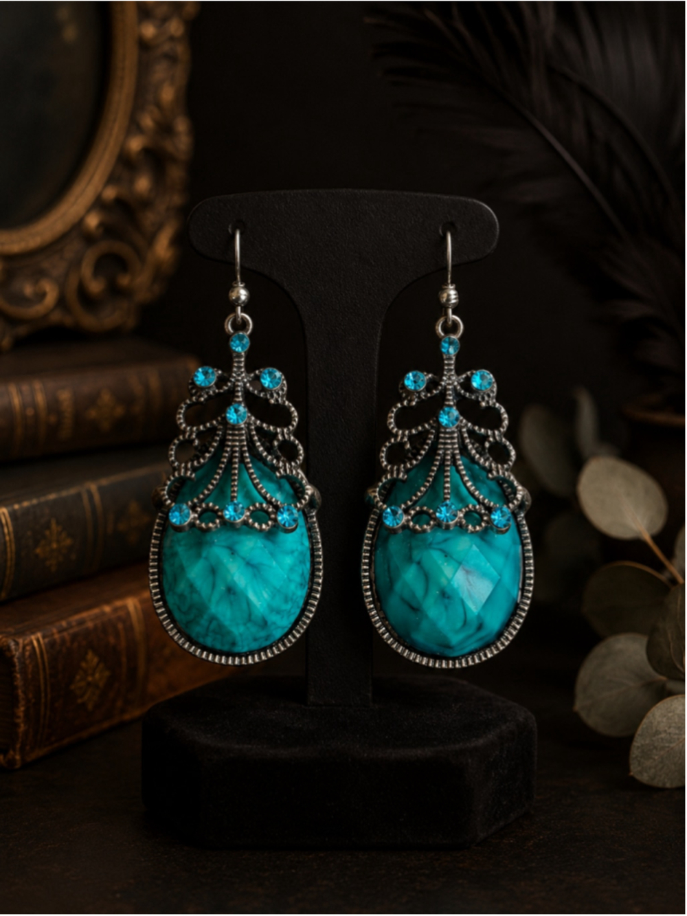 Vintage Turquoise Faux Stone Filigree Dangle Earrings Aqua Rhinestone Boho